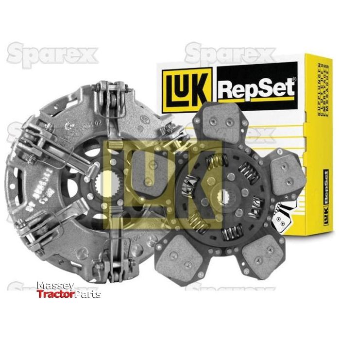 Close-up of a Sparex Clutch Kit with Bearings - S.146858 for tractors, including a pressure plate and Cerametallic Captive Disc, with the packaging box in the background.