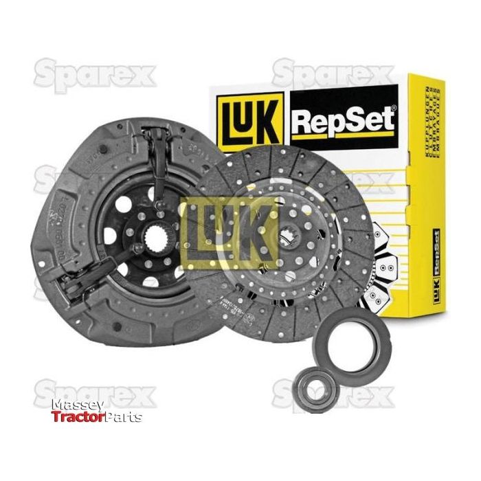 Image of the Sparex Clutch Kit with Bearings - S.146880, featuring a Dual Cover and an Organic Captive Disc, including a clutch pressure plate, clutch disc, and release bearings. The yellow and black packaging is also visible in the background. Text reads "Sparex" and "Massey Tractor Parts.