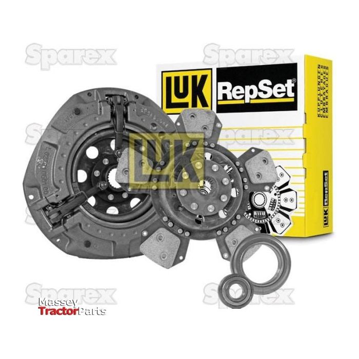 A Sparex Clutch Kit with Bearings - S.146882, which includes both an organic captive disc and a dual cover, is displayed in front of its packaging box alongside several spare parts including bearings. The Massey Tractor Parts logo is also visible on the bottom left.