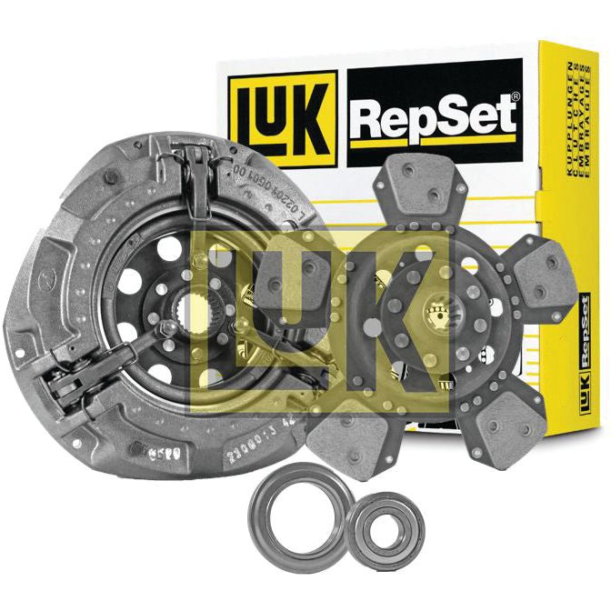 The Sparex Clutch Kit with Bearings - S.146888, featuring a cerametallic loose disc, includes a clutch disc, pressure plate, release bearing, and pilot bearing. All components are displayed against branded packaging in the background.