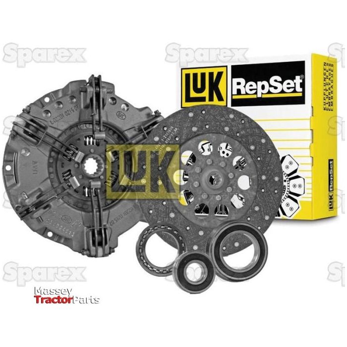 A Sparex Clutch Kit with Bearings - S.146916, featuring a Torsion Sprung clutch disc, pressure plate, and bearings, with their box packaging in the background.