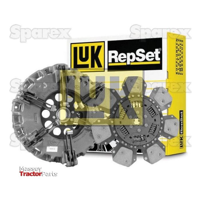 A Sparex Clutch Kit with Bearings - S.146940, featuring a pressure plate and a clutch disc made of cerametallic material, is shown against a white background, with the product packaging visible behind them.