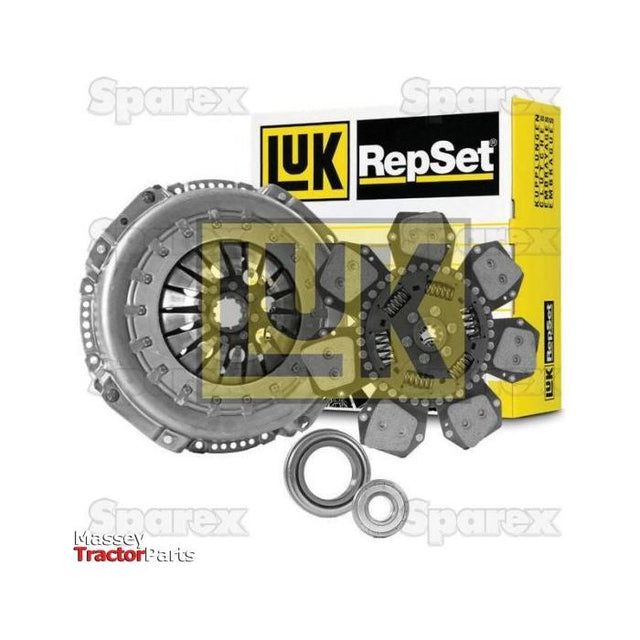 Image of a Sparex Clutch Kit with Bearings (S.146965) featuring various automotive components such as a pressure plate, bearings, and friction plates, displayed alongside the product packaging. The single cover design ensures durability and efficiency in performance.
