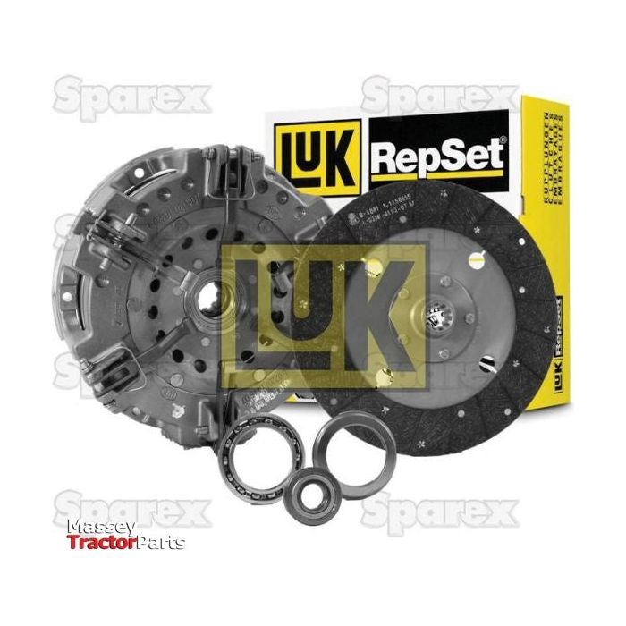 A Sparex Clutch Kit with Bearings (S.146968), featuring a 305/305mm cover, pressure plate, clutch disc, and bearings, is shown alongside its branded yellow box.