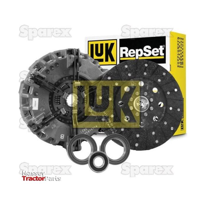 A Sparex Clutch Kit with Bearings (S.146973) is displayed with various components, including a pressure plate, clutch disc, and bearings. The packaging features Sparex branding, and the image includes a Massey Tractor Parts logo. This kit impresses with its dual cover size versatility for a range of applications.