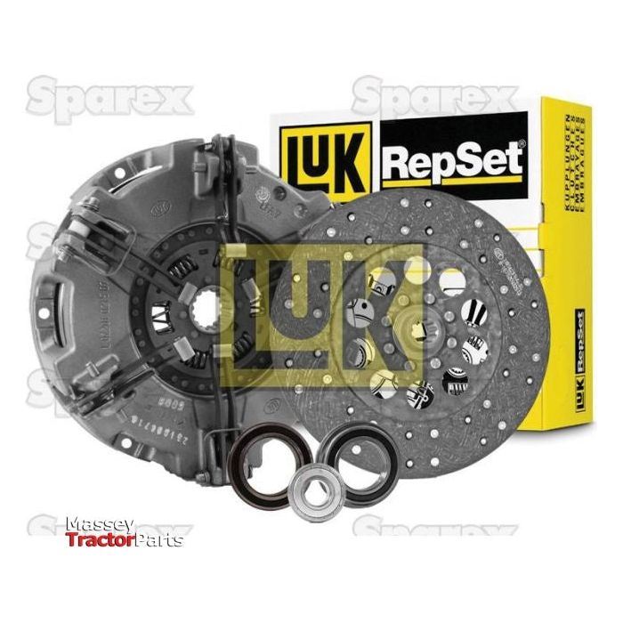 Image of a clutch kit featuring a clutch disc, pressure plate, release bearing, and other components. The "Sparex" branding is prominently displayed on the "Clutch Kit with Bearings" (S.146993). The dual cover setup is designed for optimal performance. Background includes logos for Sparex and Massey Tractor Parts.