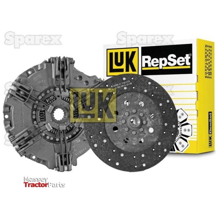 A Sparex clutch kit with bearings (S.146995), featuring a dual cover with pressure plate and friction disc components, is displayed with brand packaging in the background. The label "Massey Tractor Parts" is visible in the bottom left corner.