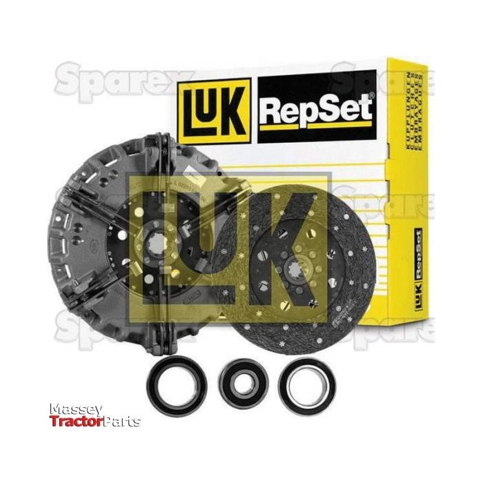 Sparex Clutch Kit with Bearings (S.147011) image showcasing a clutch disc, pressure plate, release bearing, and pilot bearing. The yellow and black branded box is visible in the background. Featuring a 310/280mm dual cover size for optimal performance.