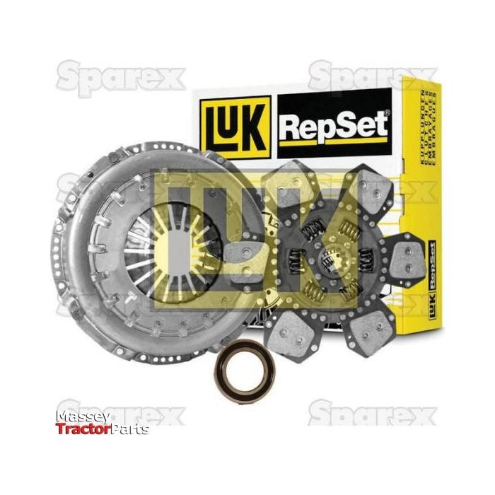 The Sparex Clutch Kit with Bearings (S.147026) for a tractor includes a 310mm single cover, release bearing, clutch disc, and pressure plate. A box in the background is labeled "Sparex" and "LUK.