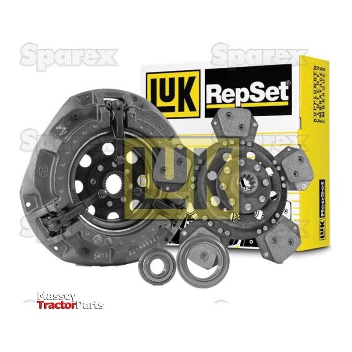 The Sparex Clutch Kit with Bearings (Sparex Part No.S.147071), featuring a pressure plate, clutch disc, and release bearings, is displayed in front of a branded box. Ideal for maintaining Massey Ferguson machinery.