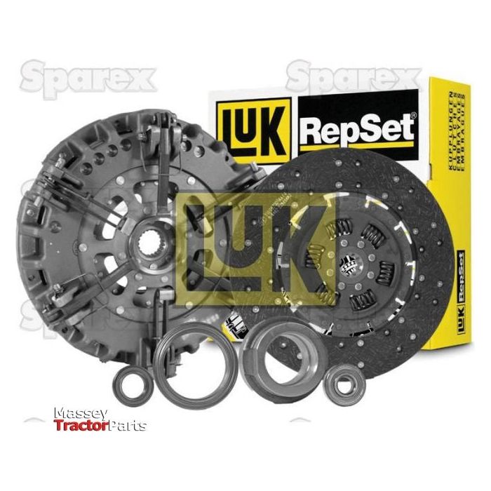 Image of a Sparex Clutch Kit with Bearings - S.147086, featuring a cast iron pressure plate, clutch disc, release bearing, alignment tool, and pilot bearing, with packaging shown in the background.