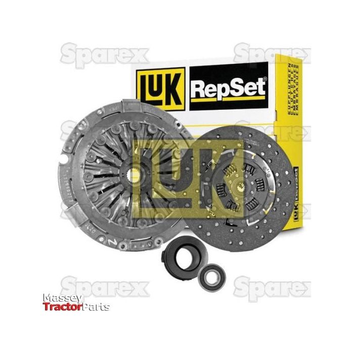 Image showing a Sparex Clutch Kit with Bearings - S.147088, including a clutch pressure plate, clutch disc, and release bearings with packaging in the background labeled "Sparex." Highlighted prominently is the single cover design and cover size 320mm for optimal performance.