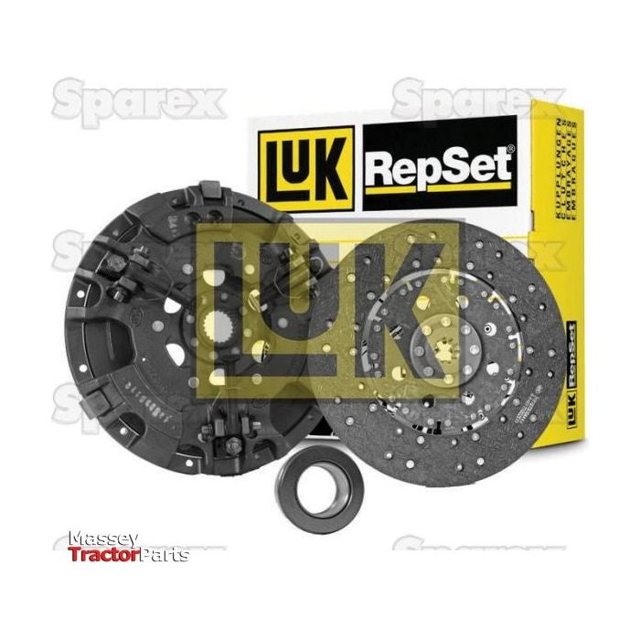 The Clutch Kit with Bearings - S.147093 from Sparex includes a clutch disc, pressure plate, release bearing, and comes in packaging with "Sparex" and "Massey Tractor Parts" branding visible in the background. Designed for durability, this kit features a single cover and cast iron housing for reliable performance.