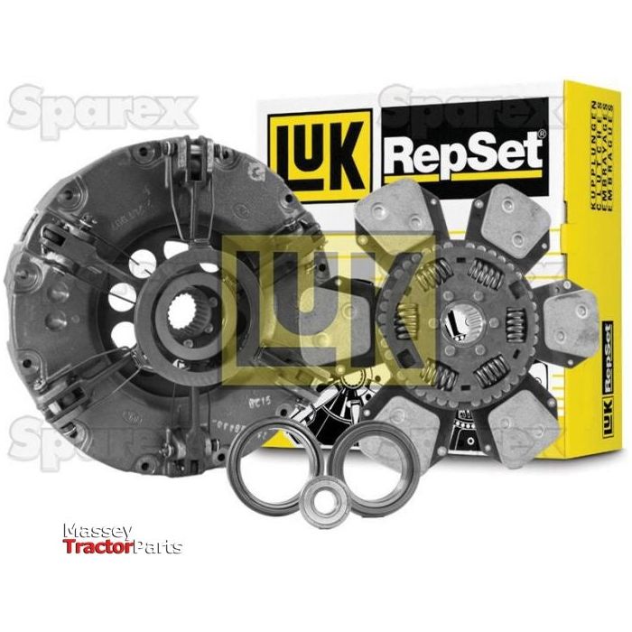 The Sparex Clutch Kit with Bearings - S.147136, featuring a torsion sprung clutch disc, includes a pressure plate, release bearings, and an installation guide. The packaging is yellow and black with "RepSet" branding.