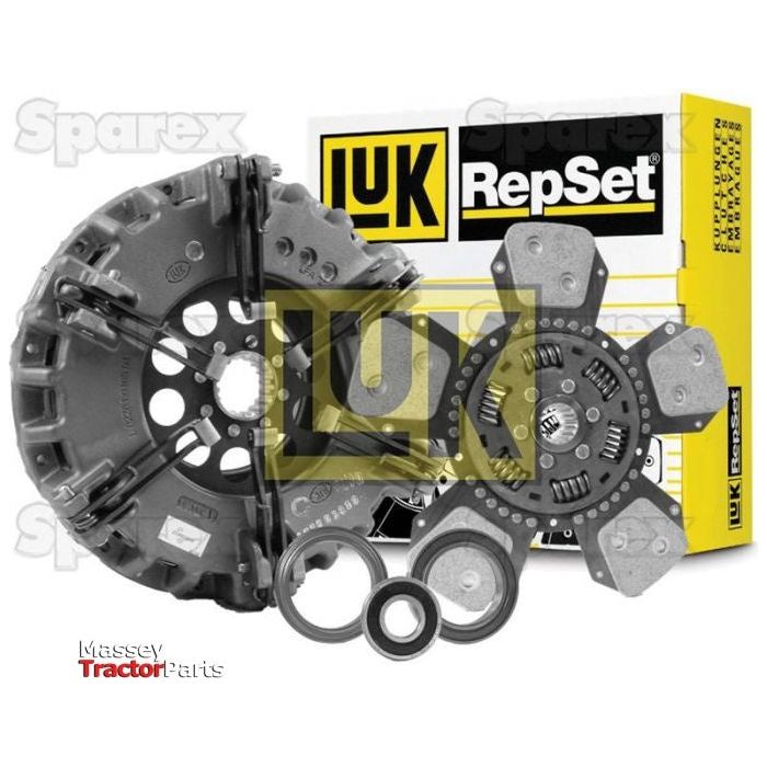 A clutch kit with Cerametallic Disc, pressure plate, clutch disc, and bearings, displayed with its yellow-and-black Sparex-branded packaging in the background. The product is identified as Clutch Kit with Bearings - S.147170.