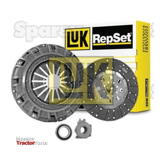 A Sparex Clutch Kit with Bearings - S.147188, featuring a pressure plate, friction disc, and release bearing, displayed in front of its branded packaging. This set is compatible with various flywheel types and includes components made from high-quality loose disc material to ensure durability and performance.