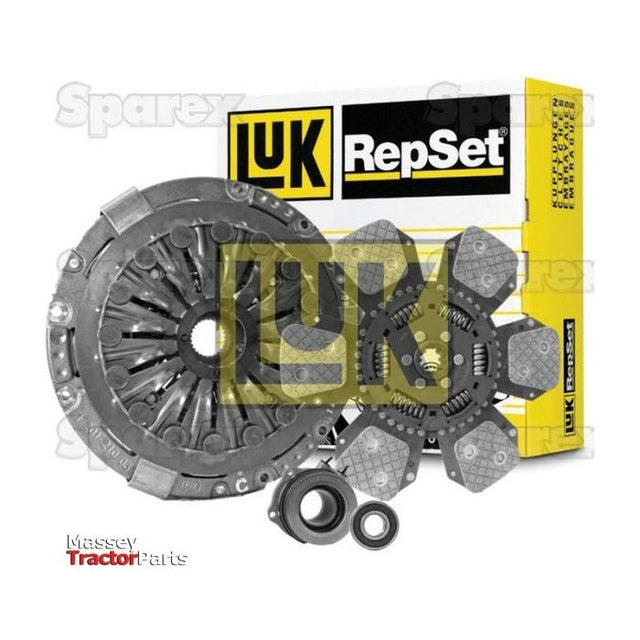 Image of a Sparex Clutch Kit with Bearings (S.147204), showcasing a 327mm Single Cover Type pressure plate, clutch disc, and additional components, with packaging visible in the background. Ideal for John Deere 3650.