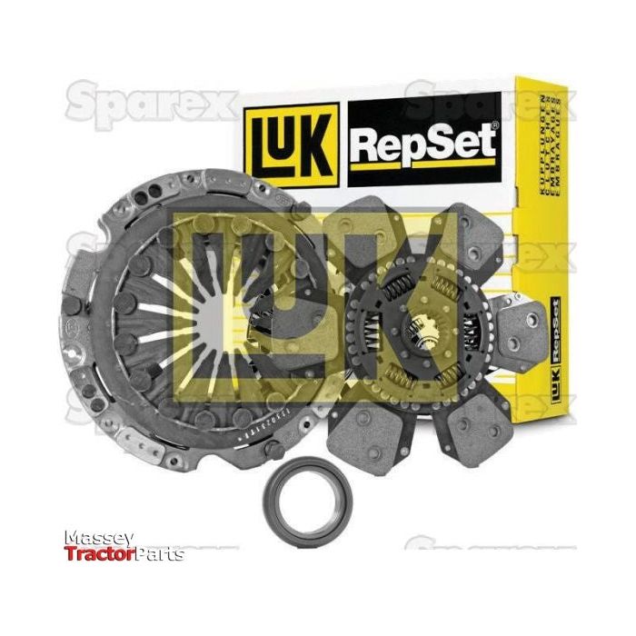 A Sparex Clutch Kit with Bearings - S.147206, which includes a cerametallic clutch disc and release bearing, is displayed next to its branded yellow packaging box. The Massey Tractor Parts logo is visible in the bottom left corner.