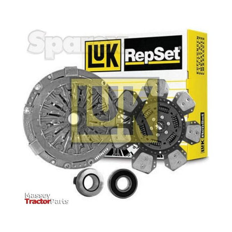 A Sparex Clutch Kit with Bearings - S.147245, displayed in front of a yellow and white LUK RepSet box, featuring a Cerametallic Loose Disc, with two small black components in the foreground.