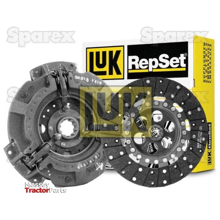 Image of the Sparex Clutch Kit without Bearings - S.146554, featuring an organic material clutch disc and a cast iron housing for exceptional durability, with branded packaging in the background. Text overlays read "Sparex" and "Massey Tractor Parts.