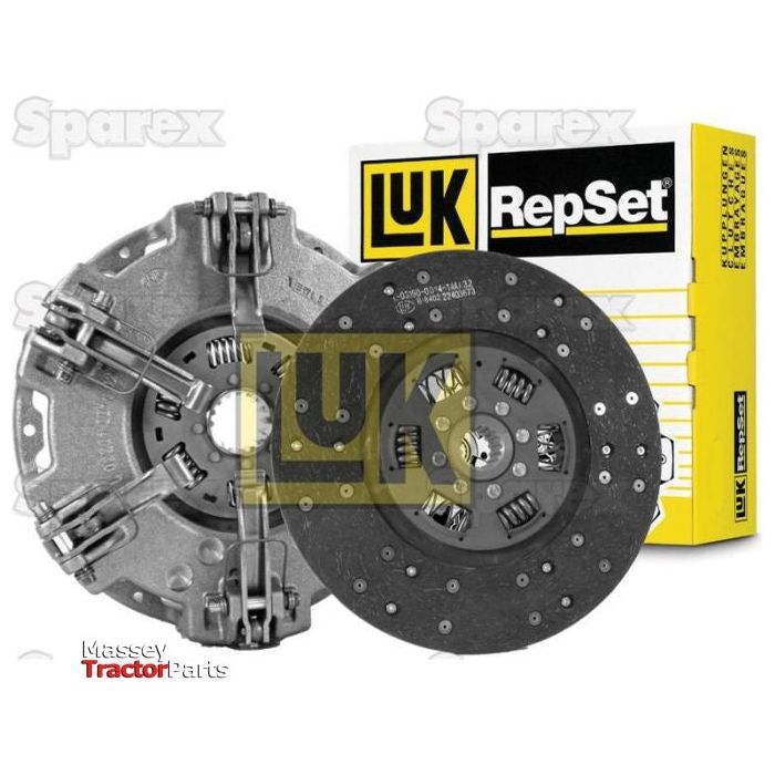 Two car clutch components with a yellow LuK RepSet packaging box in the background. The components, part of the Clutch Kit without Bearings - S.146562 from Sparex, are arranged side by side, showcasing their detailed mechanical design, including an organic captive disc.