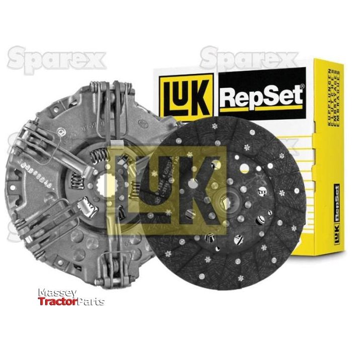 The Sparex Clutch Kit without Bearings - S.146583 features an organic disc and dual cover clutch, along with a pressure plate and compensating springs, all showcased against striking yellow and white packaging in the background.