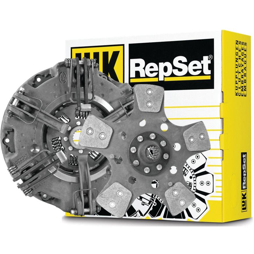 A Sparex Clutch Kit without Bearings - S.146696 positioned in front of its yellow and white packaging box, showcasing the metallic components of the dual cover clutch assembly.