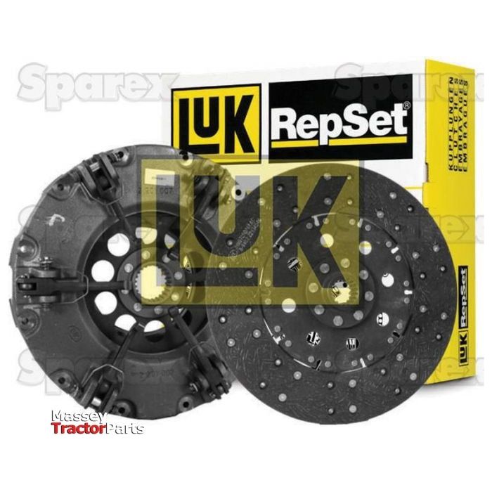 Image of a Sparex Clutch Kit without Bearings - S.146943, featuring a 310mm clutch disc made from organic material and a dual cover pressure plate in front of the product packaging. The branding and logo are prominently displayed on the box.