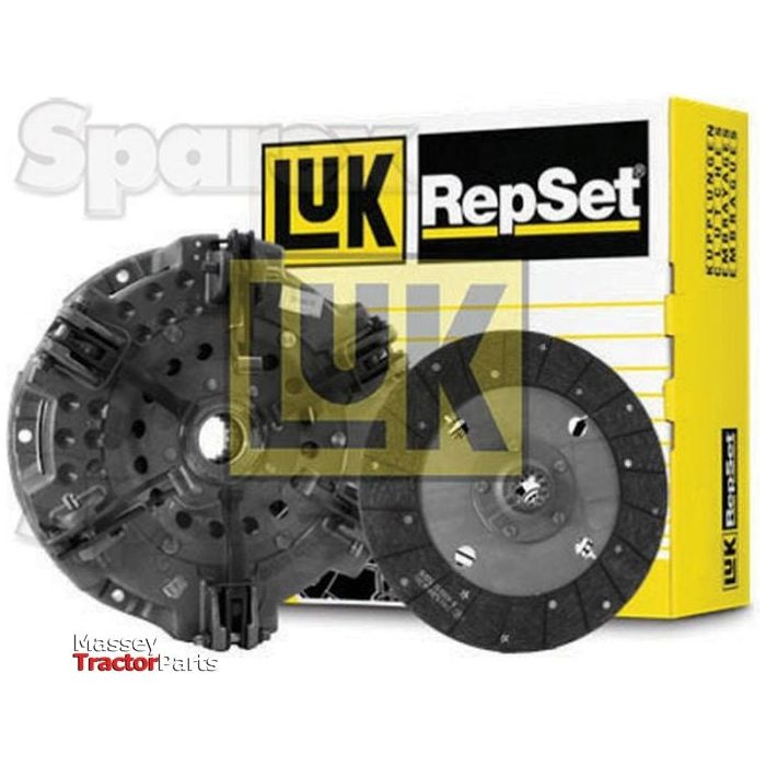 Sparex Clutch Kit without Bearings - S.146970 packaging, showcasing the cermetallic captive disc and pressure plate components placed in front of the box.
