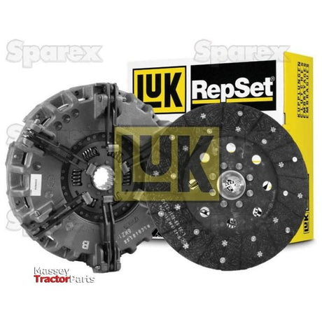 Image of a Sparex Clutch Kit without Bearings (S.146972) displayed in front of a yellow and black RepSet box. The kit includes a pressure plate with dual cover size specifications and a clutch disk, with the Sparex and Massey Tractor Parts logos visible.
