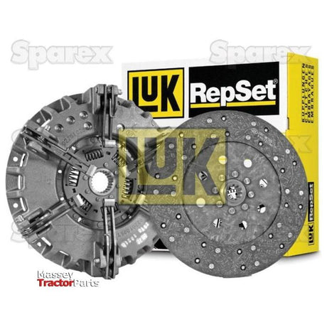 A Sparex Clutch Kit without Bearings - S.147000, featuring a cast iron housing along with a clutch cover and organic captive disc, is displayed in front of its packaging box, which is labeled with the Sparex logo.