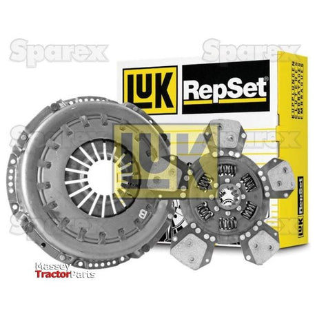 Image of a Sparex Clutch Kit without Bearings (Sparex Part No. S.147030), featuring a pressure plate and clutch disc, with branded packaging in the background. Ideal for ensuring optimal performance in your Massey Ferguson tractor.