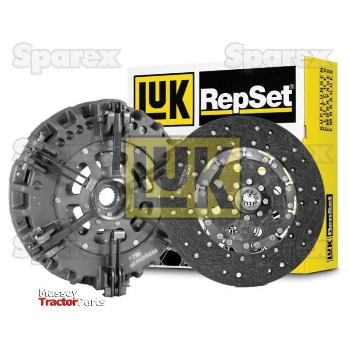 Image of a Sparex Clutch Kit without Bearings - S.147085, featuring a clutch disc made of organic material and a pressure plate, with the LuK logo and packaging in the background. The Massey Tractor Parts logo is in the bottom left corner.