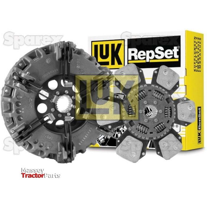 Clutch Kit without Bearings - S.147137 by Sparex, featuring a close-up of the torsion sprung clutch disc and pressure plate, positioned in front of the product packaging box.