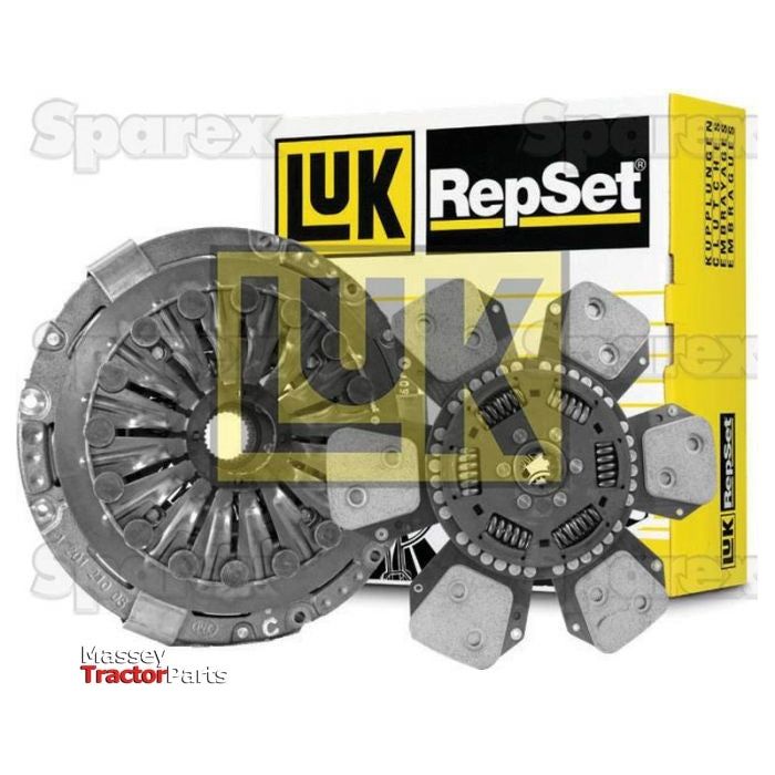 Clutch Kit without Bearings - S.147201, featuring a pressure plate and Cerametallic Loose Disc, displayed in front of a yellow and white Luk RepSet box from Sparex.