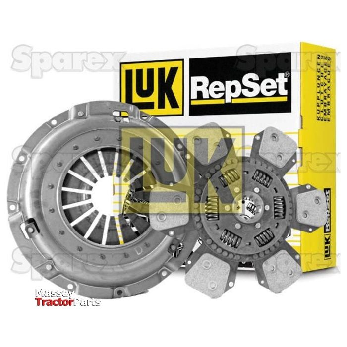 A clutch kit from Sparex, including a pressure plate, torsion sprung clutch disc, and associated parts, displayed in front of a branded yellow and black packaging box. This is the Clutch Kit without Bearings - S.147319.