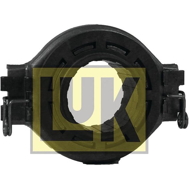 A Sparex LUK Clutch Release Bearing - S.146336, featuring a black mechanical design with a central circular opening and side clips, prominently displays the letters "LUK.