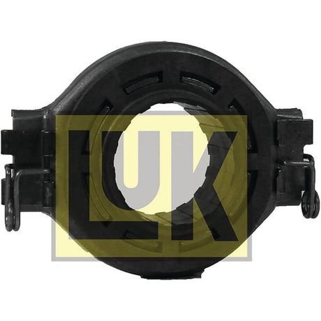 A Sparex LUK Clutch Release Bearing - S.146336, featuring a black mechanical design with a central circular opening and side clips, prominently displays the letters "LUK.