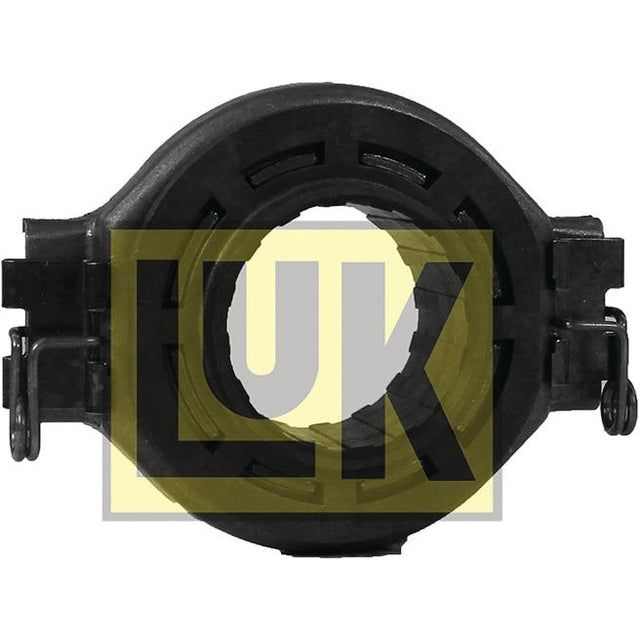 A Sparex LUK Clutch Release Bearing - S.146336, featuring a black mechanical design with a central circular opening and side clips, prominently displays the letters "LUK.