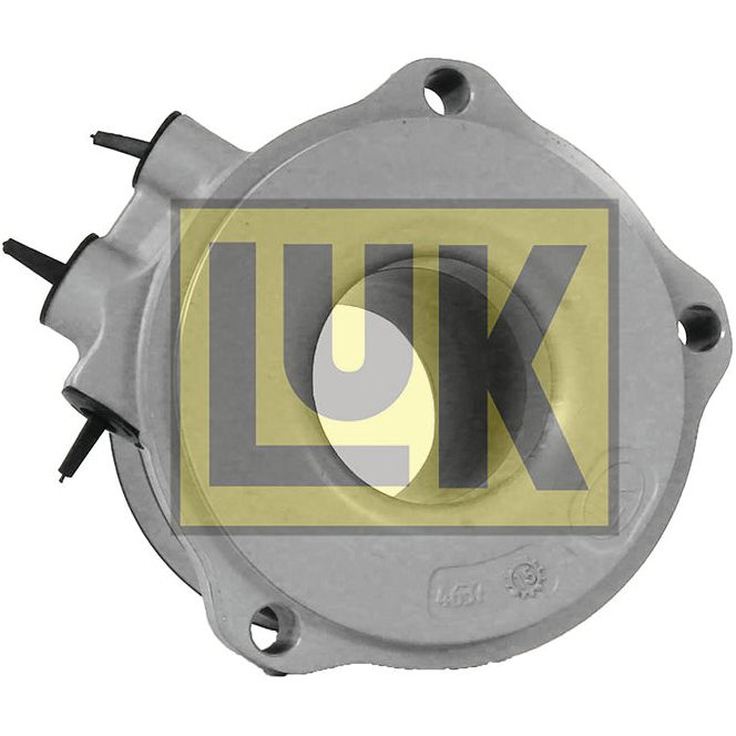 The LUK Clutch Release Bearing - S.146413 is a round metal automotive part with three bolt holes and a large central opening, featuring the "LUK" logo overlaid in a yellow box, essential for clutch release bearing systems. This product is offered under the Sparex brand.