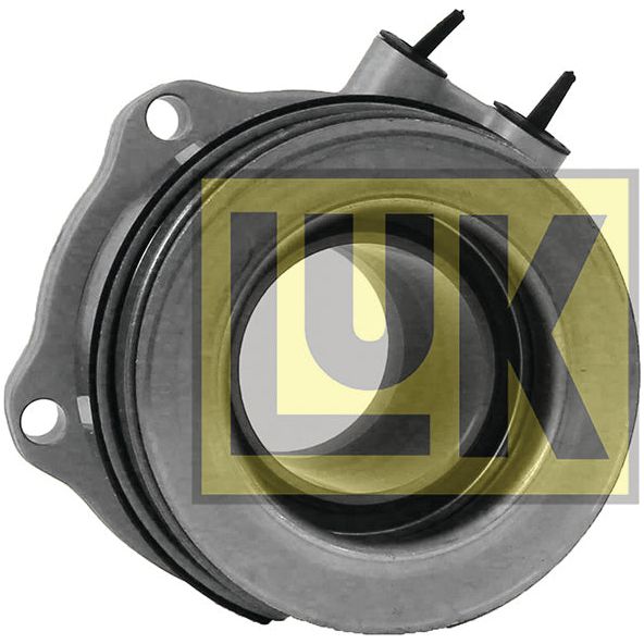 Close-up of a mechanical part with the LUK logo superimposed, featuring a circular opening and multiple connecting components—a vital piece for John Deere's clutch release bearing system. The part is the Sparex LUK Clutch Release Bearing - S.146413.