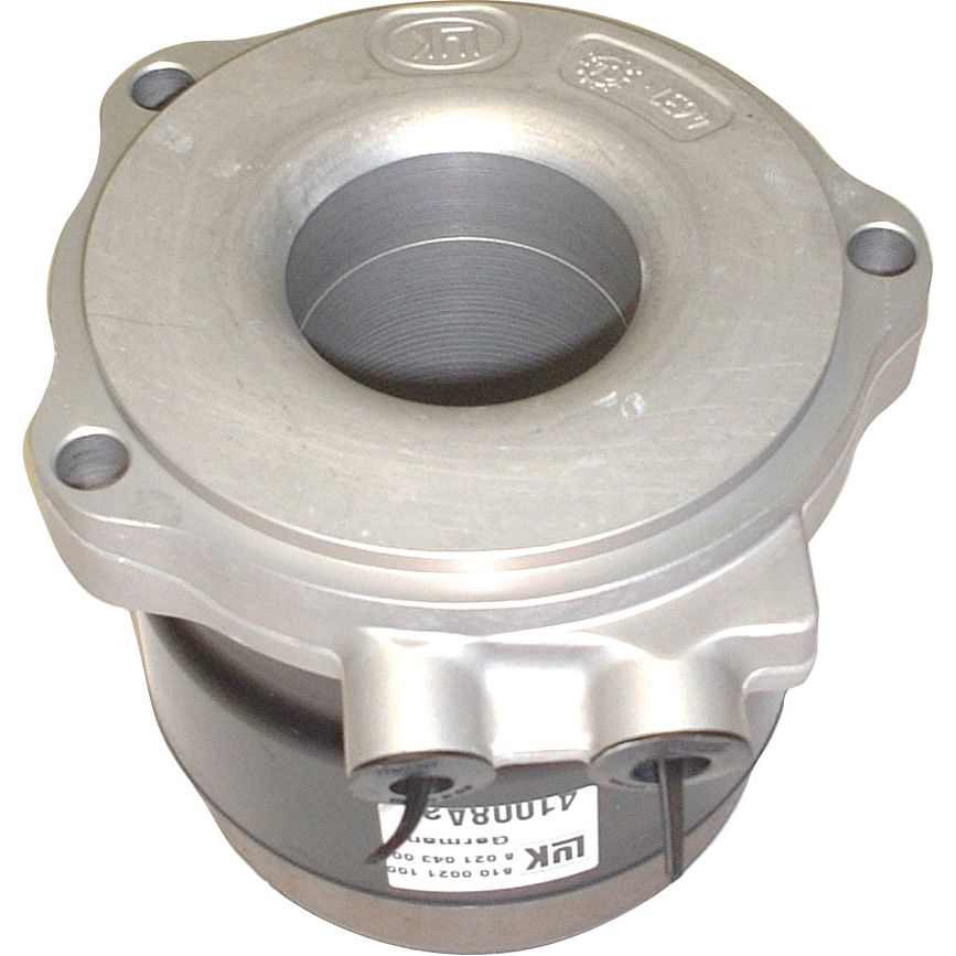 Close-up image of a mechanical part with a cylindrical shape, multiple bolts, and a label marked with "LUK", resembling the Sparex LUK Clutch Release Bearing - S.146414 used in Valmet & Valtra tractors.