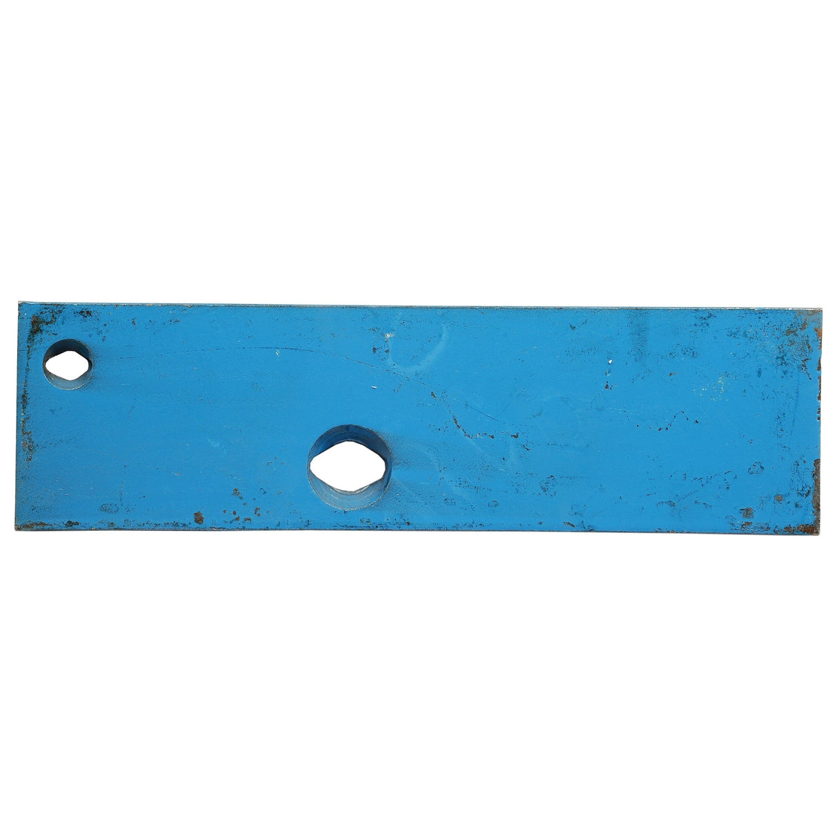 A blue rectangular metal plate with two circular holes of different sizes, known as Landside - LH (Fiskars) - S.127558 by Sparex. The surface exhibits wear and scratching, typical for frequently used items from the brand Sparex.