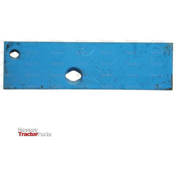 Blue rectangular metal part with one small circular hole on the left and one large hexagonal hole in the center. Logo at the bottom left reads "Massey Tractor Parts." Compatible with Sparex fasteners for secure fittings. This is the Landside - LH (Fiskars) - S.127558 by Sparex.