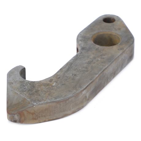 A Massey Ferguson latch by AGCO, model number 1661857M4, with a hooked end and a circular hole at the opposite end, lying on a white surface.