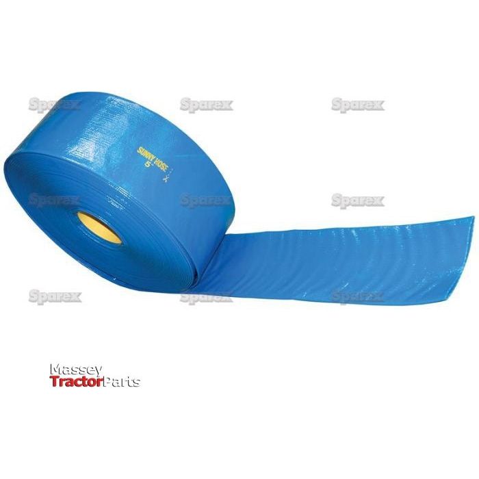 A blue, partially unrolled Lay Flat Hose (Hose ID: 38mm or 1 1/2"), product code S.22792, reveals its interior yellow core. This flexible layflat PVC hose features printed text and background information displaying Massey Tractor Parts and Sparex branding, with polyester yarn reinforcement designed for the pressurized delivery of liquids.