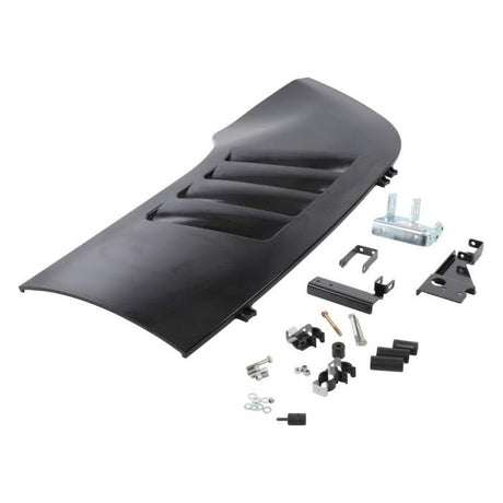 A Massey Ferguson left hand panel kit (model 4298553M13) by AGCO, displayed alongside various mounting hardware and brackets, including part 4285904M1, all meticulously laid out on a white background.