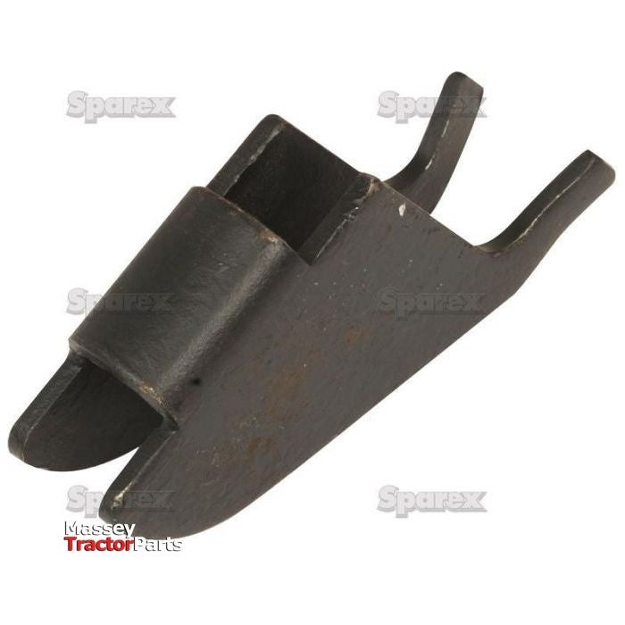 Close-up of a black agricultural equipment part displaying the logos "Sparex" and "Massey Tractor Parts," featuring a metal component labeled "P11181" with a distinct pronged end and a notch on the opposite side. This is identified as a Leg protector, replacement for Simba, fitting as P11181 (Sparex Part No.S.102543).