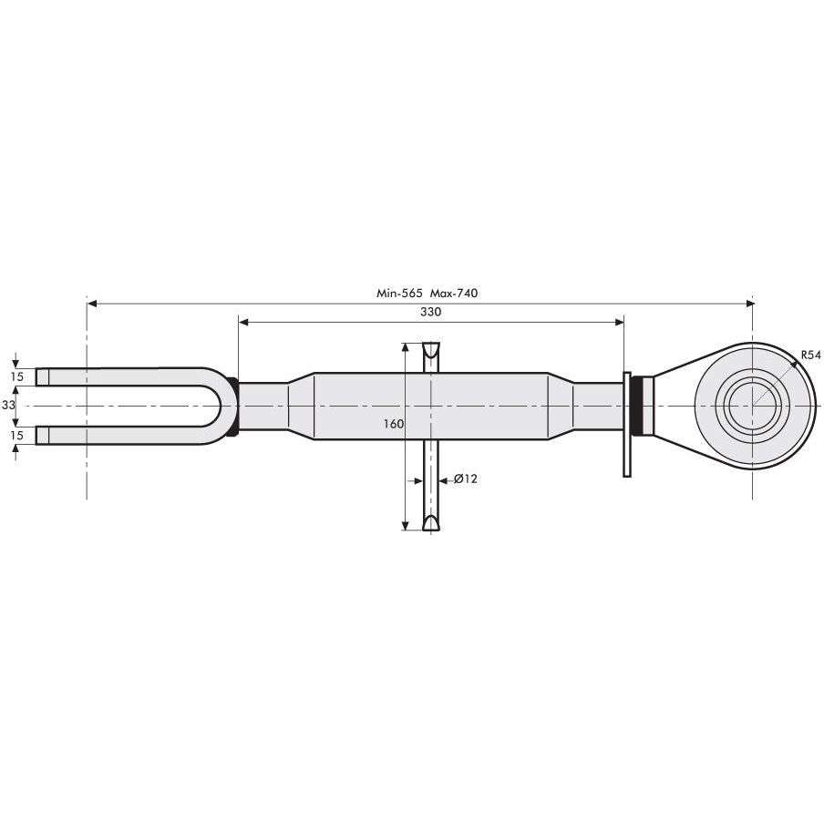 Technical drawing of a mechanical component with dimensions. The Levelling Box Assembly by Sparex, model S.29161, features a ball diameter of 40mm and a fork hole diameter of 28mm. Its length ranges from 565mm to 740mm, with various detailed measurements outlined including diameters and part lengths. This part is compatible with Case IH machinery and ensures precise fit and functionality.