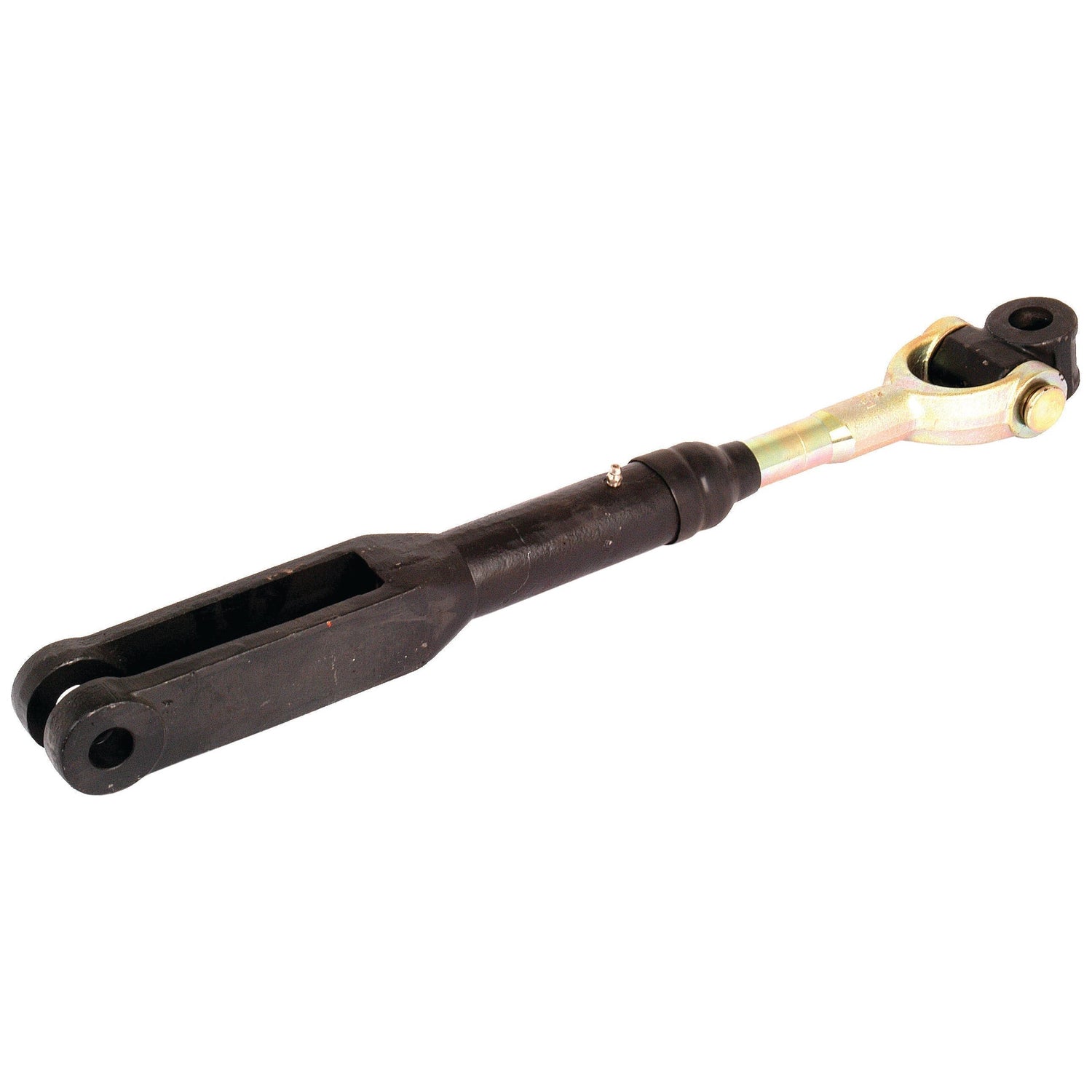 Image of a Sparex Levelling Box Assembly, featuring a knuckle bore of 22mm and fork hole of 19mm at both ends. This black adjustable tractor top link with metallic fittings is designed for three-point hitch systems in agricultural machinery. Minimum length is 545mm and it is identified by Sparex Part No. S.17957.